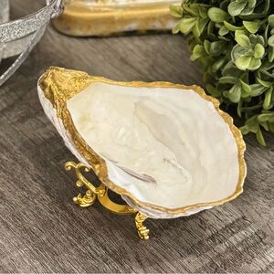 Giant Oyster Shell Jewelry Dish with Gold Stand Hand Painted